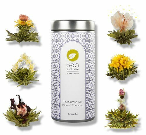 tea exclusive - Teeblumen-Mix "Flower Fantasy", 6 verschiedene Teeblumen in schöner Metalldose, mit Foto-Booklet und Sprüchen - grüner & weißer Tee mit Jasmin, Rose, Pfingstrose, Ringelblume, Osmanthus, Hibiskus - Teegeschenk zu ...