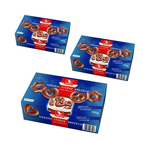 Weiss zarte Lebkuchen Herzen, Sterne, Brezeln Vollmilch 3er Set (3x500g Box blau)